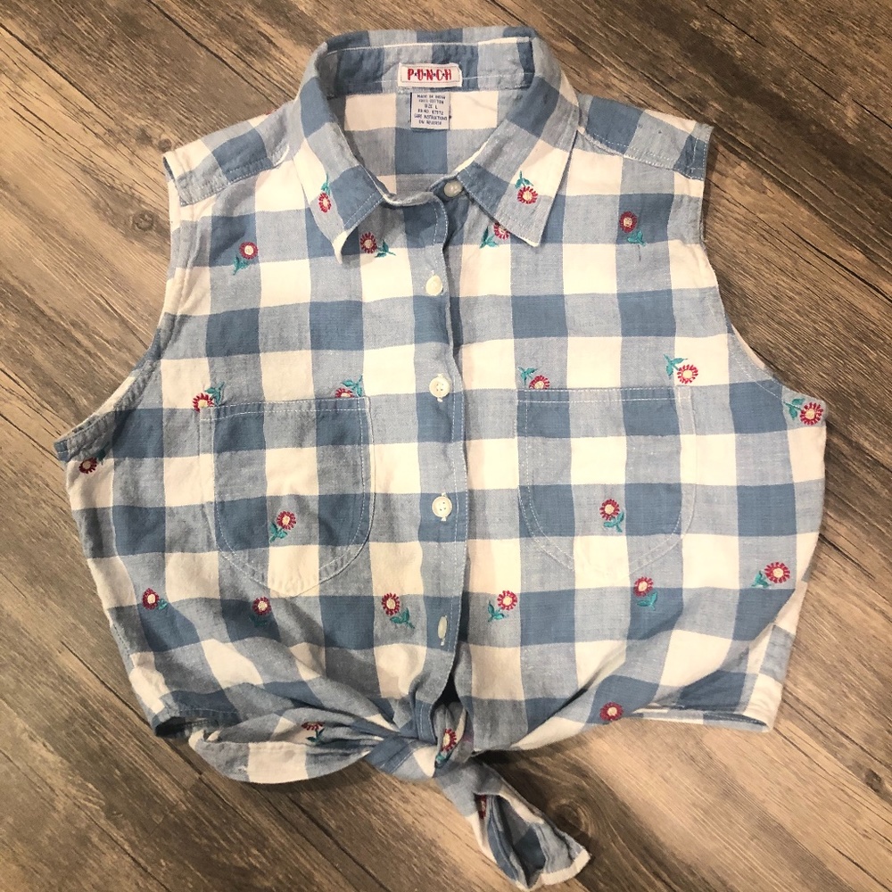 Blue check cropped tie waist sleeveless blouse (size L)